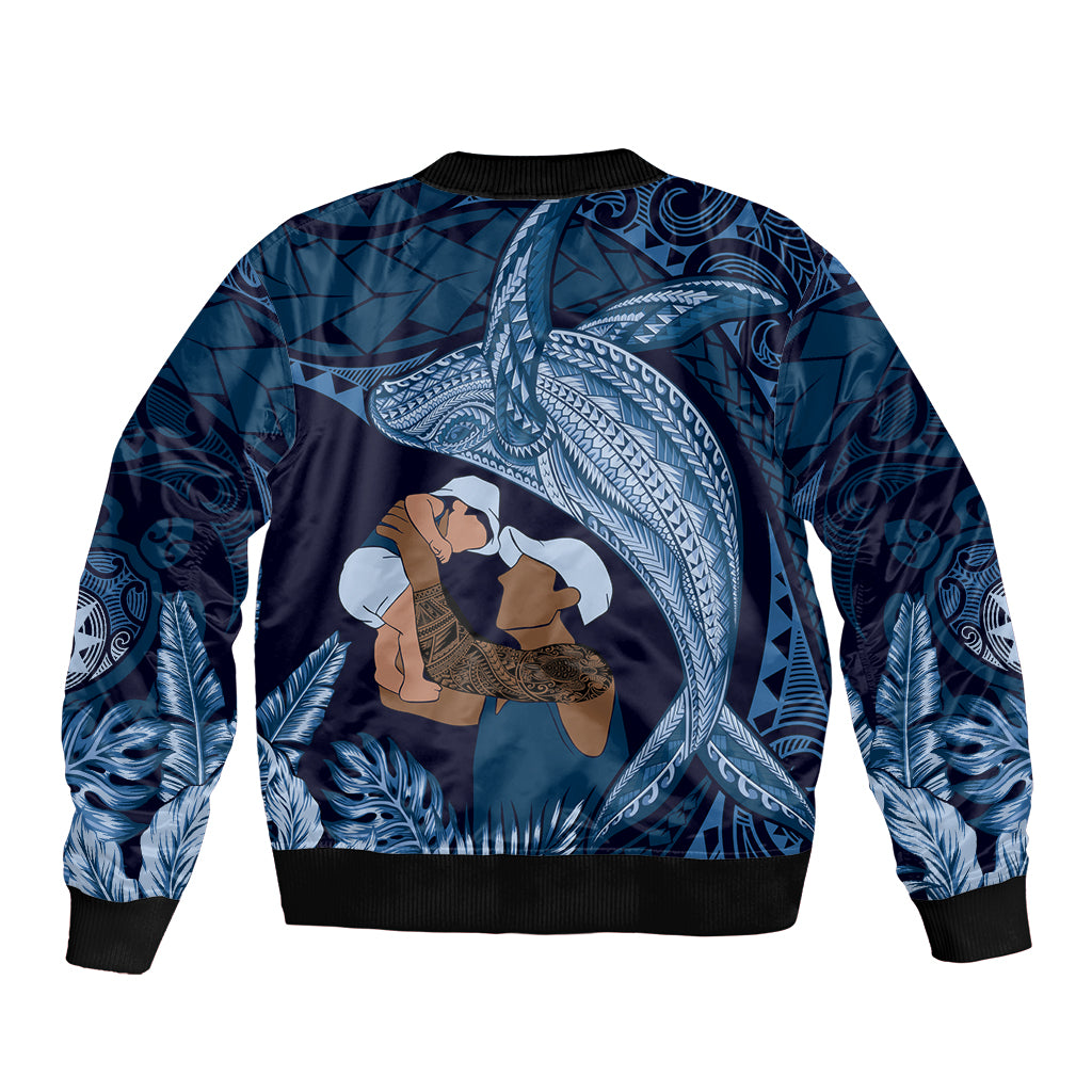 Father's Day Polynesian Pattern Sleeve Zip Bomber Jacket Tropical Humpback Whale - Navy LT7 - Polynesian Pride