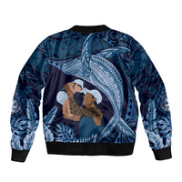 Father's Day Polynesian Pattern Sleeve Zip Bomber Jacket Tropical Humpback Whale - Navy LT7 - Polynesian Pride