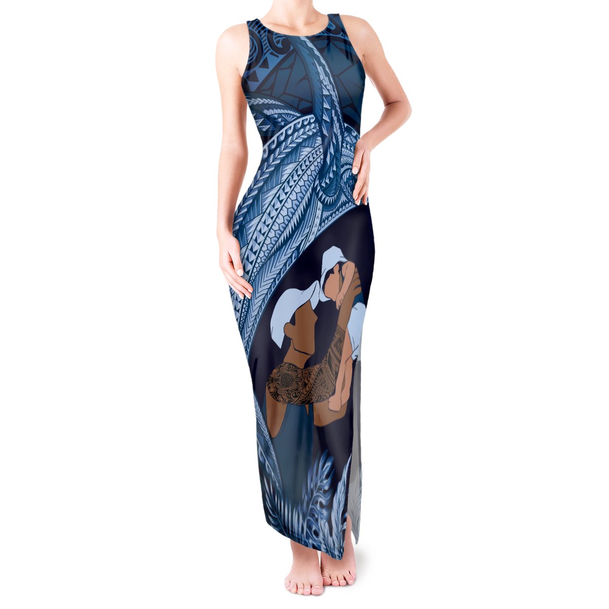 Father's Day Polynesian Pattern Tank Maxi Dress Tropical Humpback Whale - Navy LT7 Women Navy Blue - Polynesian Pride