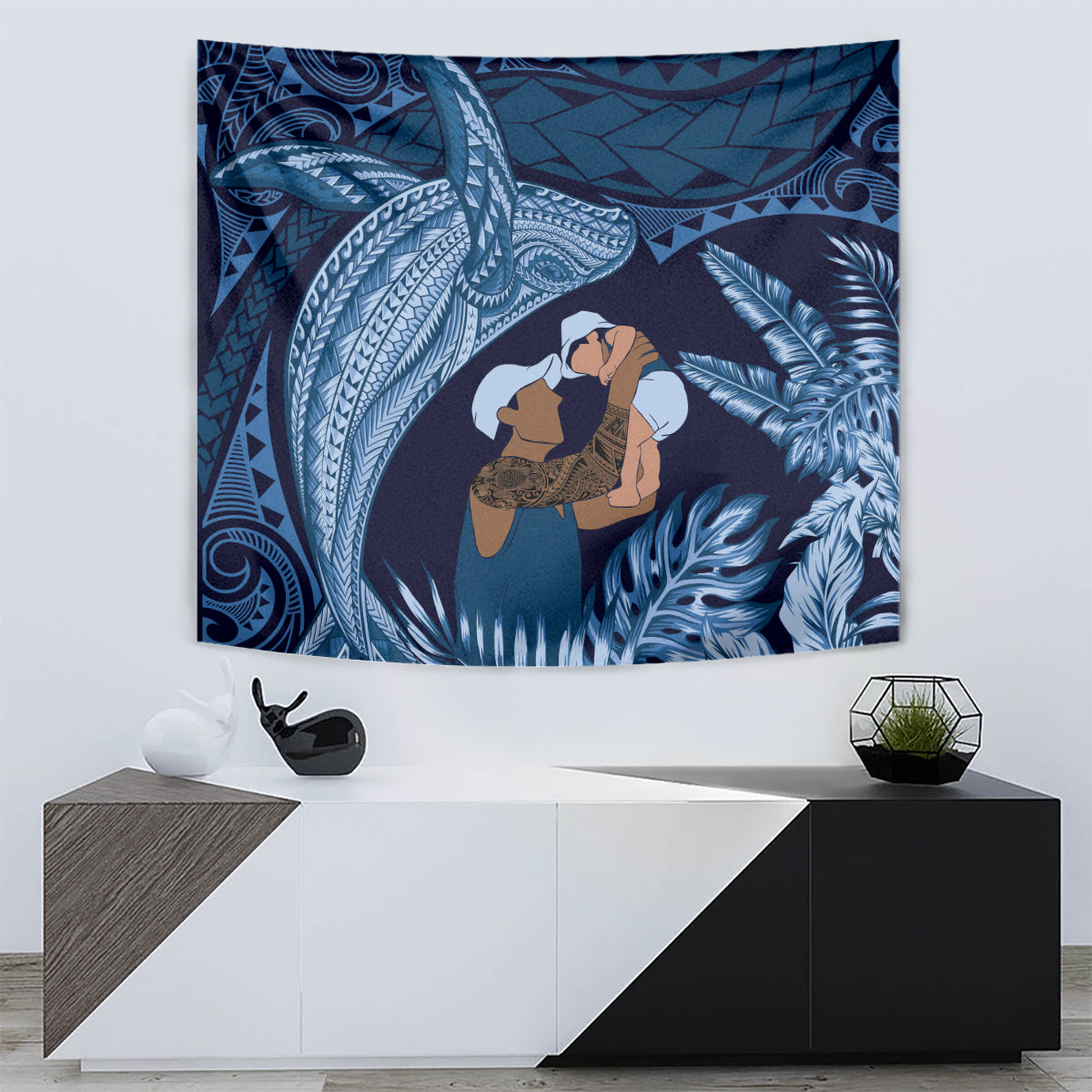 Father's Day Polynesian Pattern Tapestry Tropical Humpback Whale - Navy LT7 - Polynesian Pride