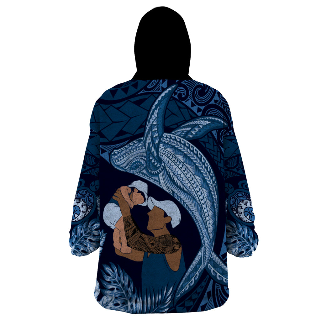 Father's Day Polynesian Pattern Wearable Blanket Hoodie Tropical Humpback Whale - Navy LT7 - Polynesian Pride