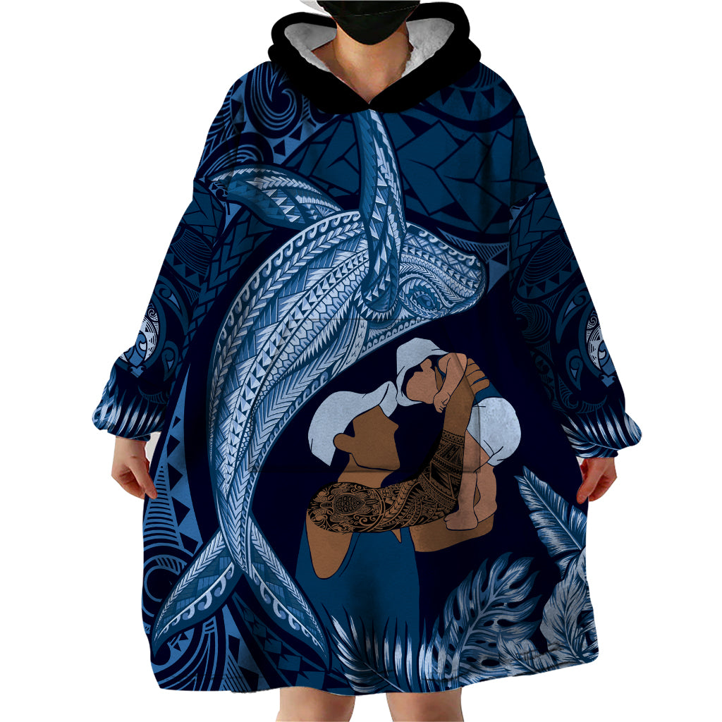 Father's Day Polynesian Pattern Wearable Blanket Hoodie Tropical Humpback Whale - Navy LT7 - Polynesian Pride