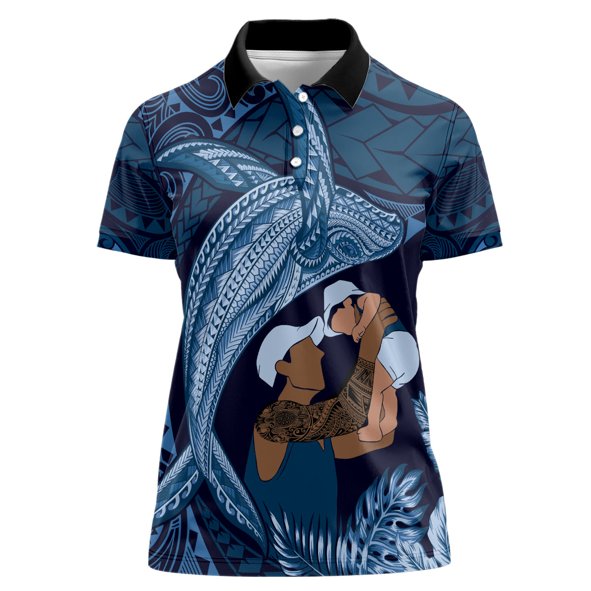 Father's Day Polynesian Pattern Women Polo Shirt Tropical Humpback Whale - Navy