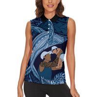 Father's Day Polynesian Pattern Women Sleeveless Polo Shirt Tropical Humpback Whale - Navy