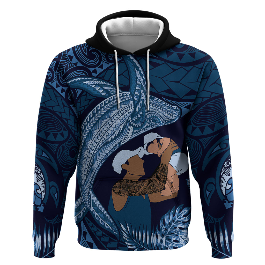 Father's Day Polynesian Pattern Zip Hoodie Tropical Humpback Whale - Navy