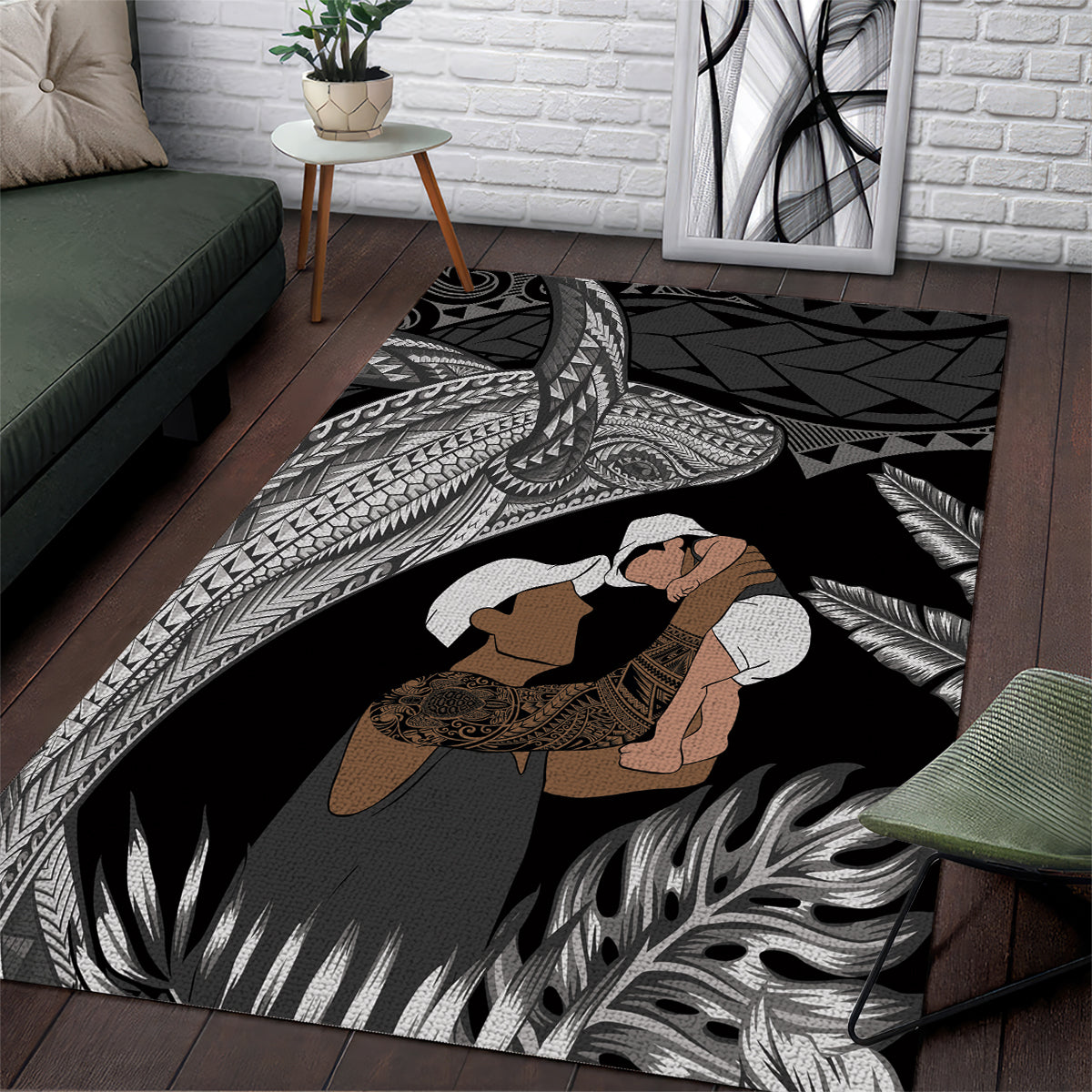 Father's Day Polynesian Pattern Area Rug Tropical Humpback Whale - Black