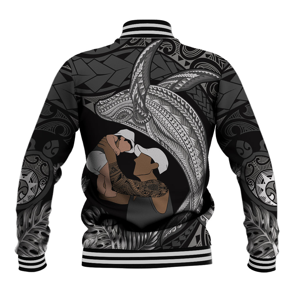 Father's Day Polynesian Pattern Baseball Jacket Tropical Humpback Whale - Black