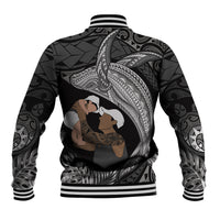 Father's Day Polynesian Pattern Baseball Jacket Tropical Humpback Whale - Black