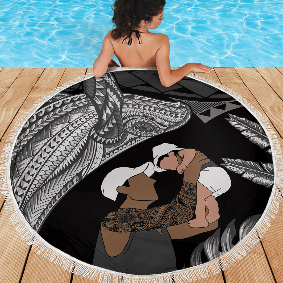 Father's Day Polynesian Pattern Beach Blanket Tropical Humpback Whale - Black LT7 - Polynesian Pride