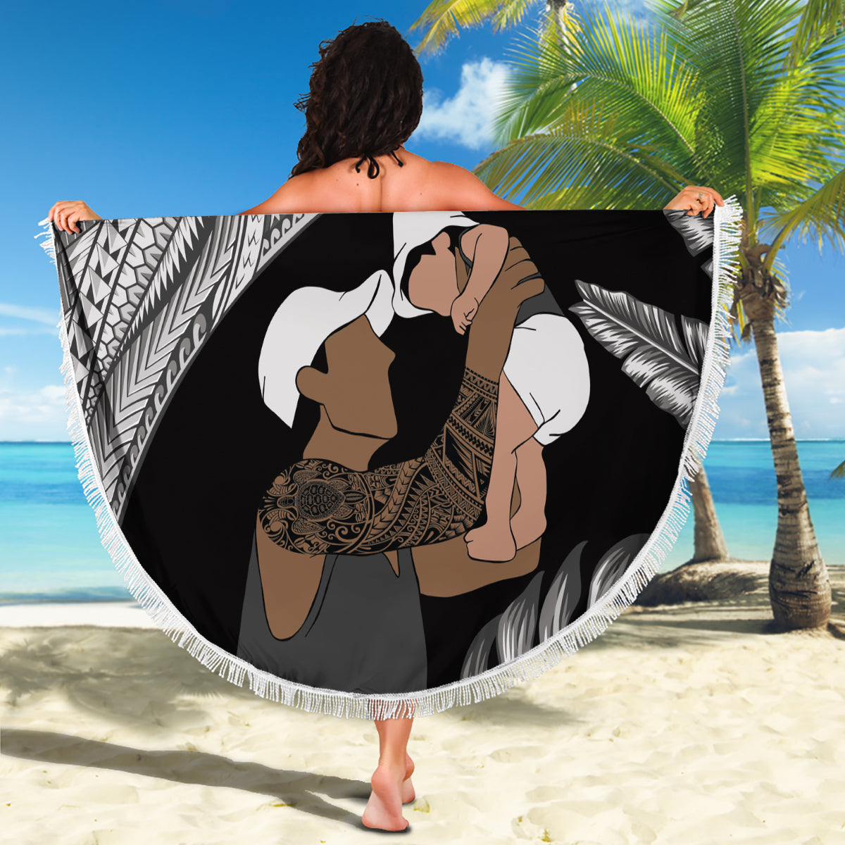 Father's Day Polynesian Pattern Beach Blanket Tropical Humpback Whale - Black LT7 - Polynesian Pride
