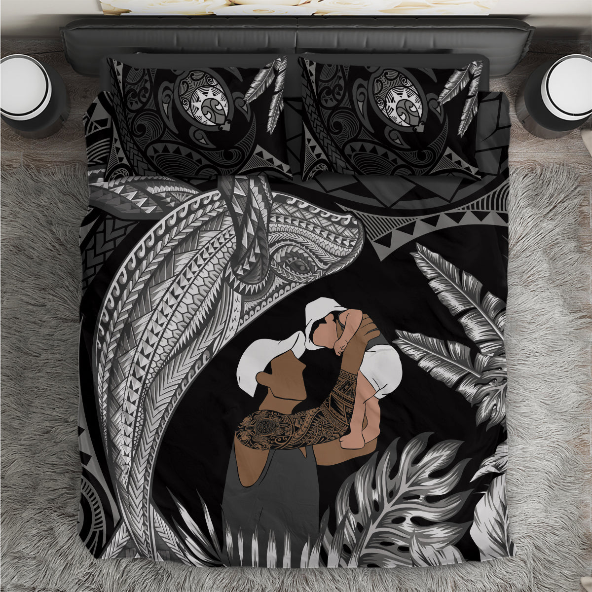 Father's Day Polynesian Pattern Bedding Set Tropical Humpback Whale - Black LT7 Black - Polynesian Pride