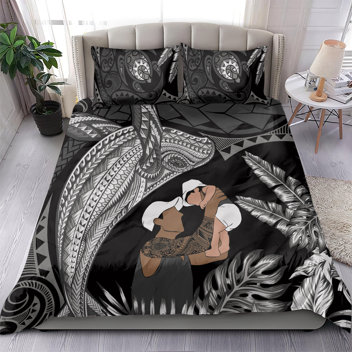 Father's Day Polynesian Pattern Bedding Set Tropical Humpback Whale - Black LT7 - Polynesian Pride