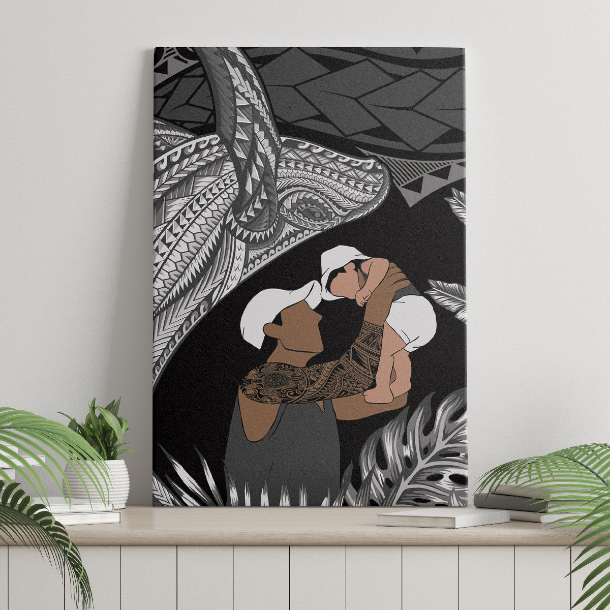 Father's Day Polynesian Pattern Canvas Wall Art Tropical Humpback Whale - Black LT7 - Polynesian Pride