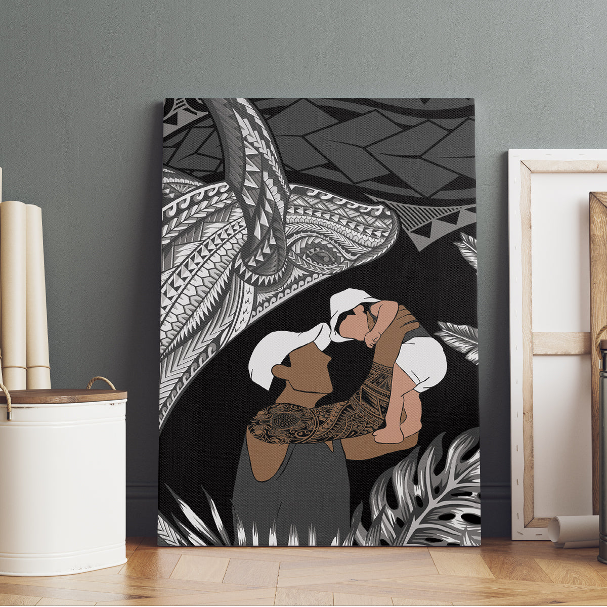 Father's Day Polynesian Pattern Canvas Wall Art Tropical Humpback Whale - Black LT7 - Polynesian Pride