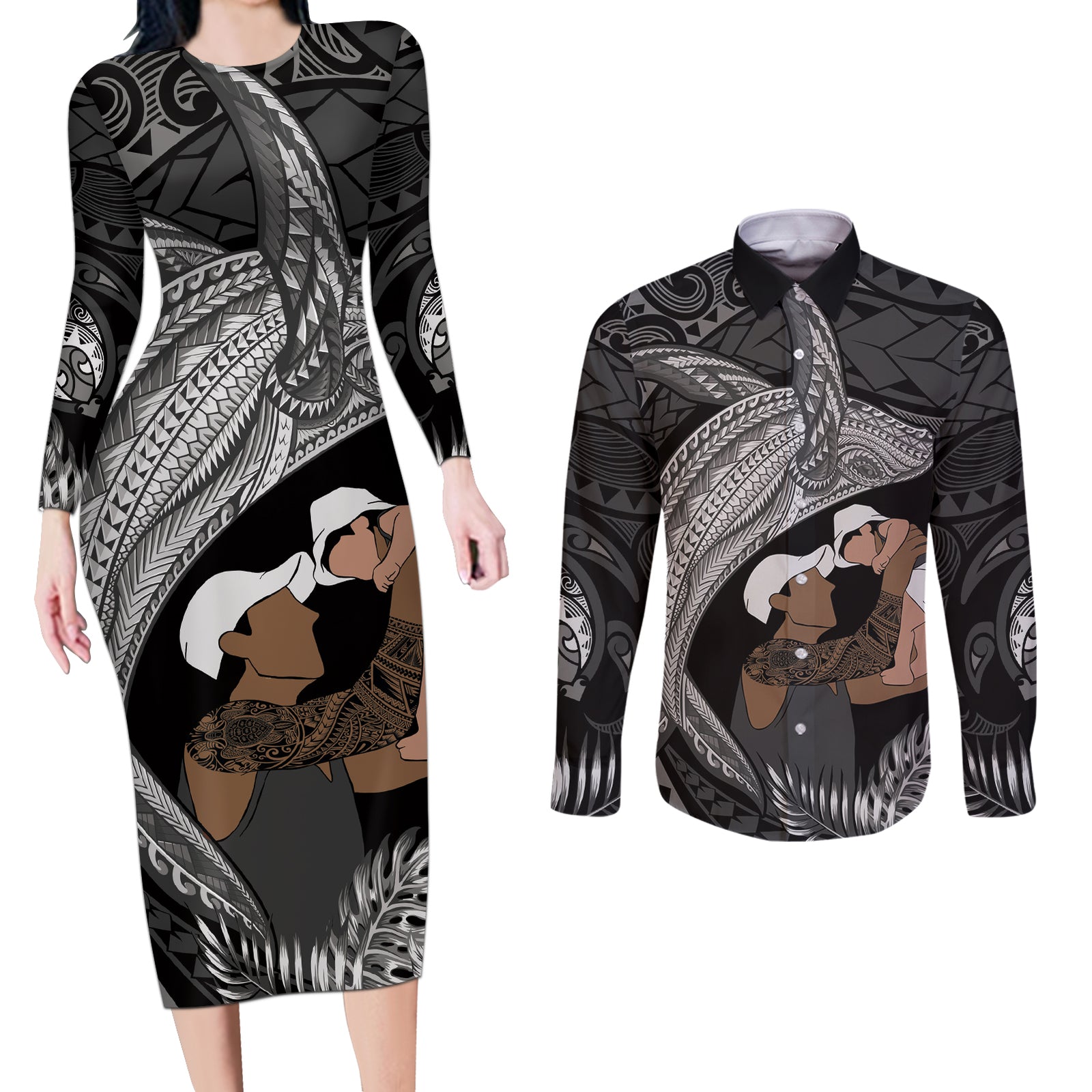 Father's Day Polynesian Pattern Couples Matching Long Sleeve Bodycon Dress and Long Sleeve Button Shirt Tropical Humpback Whale - Black LT7 Black - Polynesian Pride