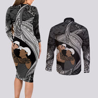 Father's Day Polynesian Pattern Couples Matching Long Sleeve Bodycon Dress and Long Sleeve Button Shirt Tropical Humpback Whale - Black LT7 - Polynesian Pride