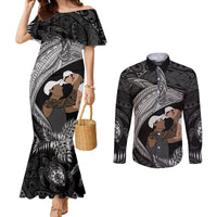 Father's Day Polynesian Pattern Couples Matching Mermaid Dress and Long Sleeve Button Shirt Tropical Humpback Whale - Black LT7 Black - Polynesian Pride