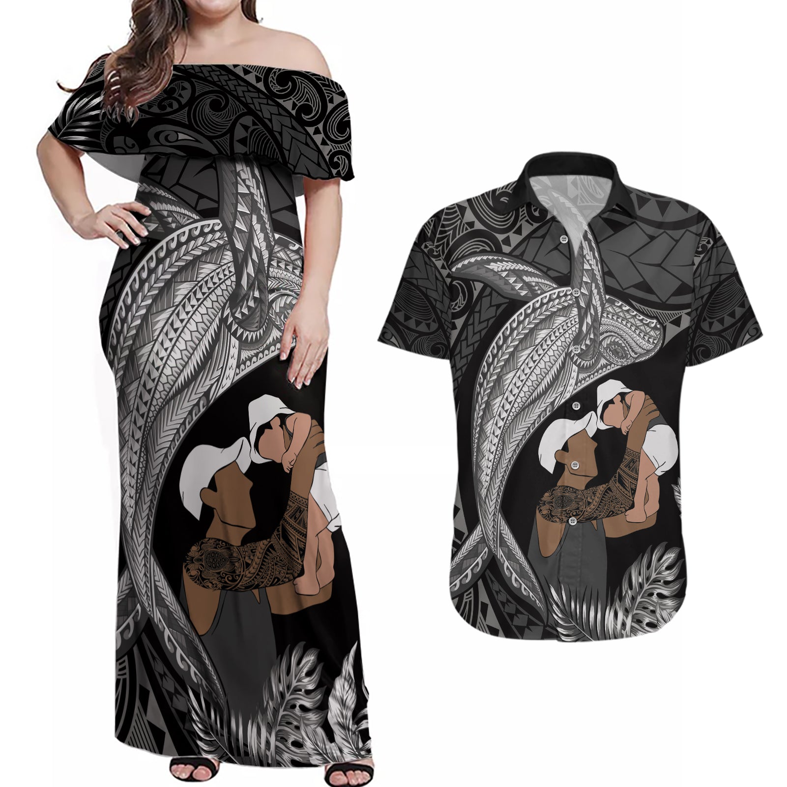 Father's Day Polynesian Pattern Couples Matching Off Shoulder Maxi Dress and Hawaiian Shirt Tropical Humpback Whale - Black