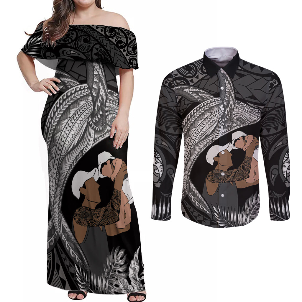 Father's Day Polynesian Pattern Couples Matching Off Shoulder Maxi Dress and Long Sleeve Button Shirt Tropical Humpback Whale - Black LT7 Black - Polynesian Pride