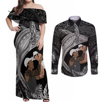 Father's Day Polynesian Pattern Couples Matching Off Shoulder Maxi Dress and Long Sleeve Button Shirt Tropical Humpback Whale - Black LT7 Black - Polynesian Pride