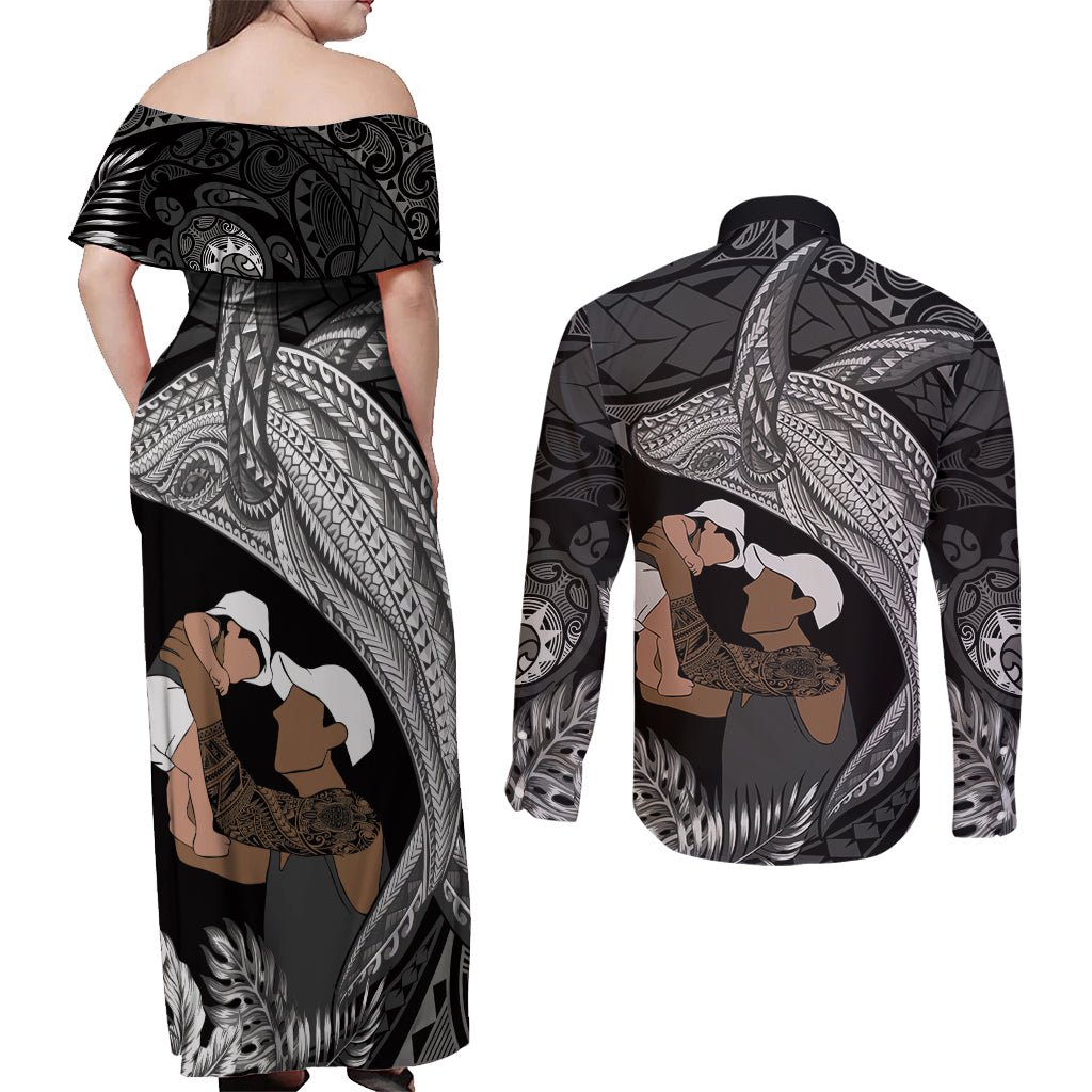 Father's Day Polynesian Pattern Couples Matching Off Shoulder Maxi Dress and Long Sleeve Button Shirt Tropical Humpback Whale - Black LT7 - Polynesian Pride