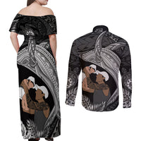 Father's Day Polynesian Pattern Couples Matching Off Shoulder Maxi Dress and Long Sleeve Button Shirt Tropical Humpback Whale - Black LT7 - Polynesian Pride