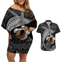 Father's Day Polynesian Pattern Couples Matching Off Shoulder Short Dress and Hawaiian Shirt Tropical Humpback Whale - Black LT7 Black - Polynesian Pride