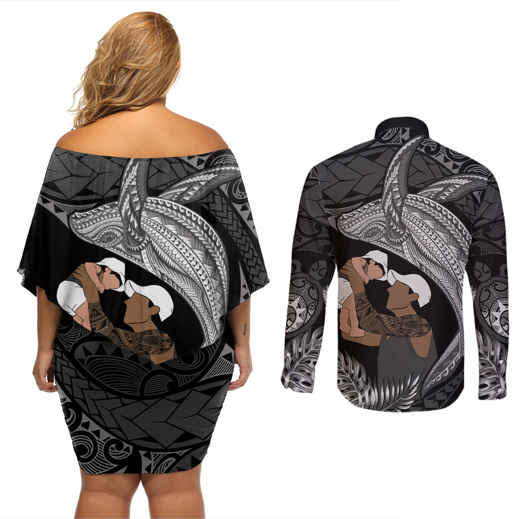 Father's Day Polynesian Pattern Couples Matching Off Shoulder Short Dress and Long Sleeve Button Shirt Tropical Humpback Whale - Black LT7 - Polynesian Pride