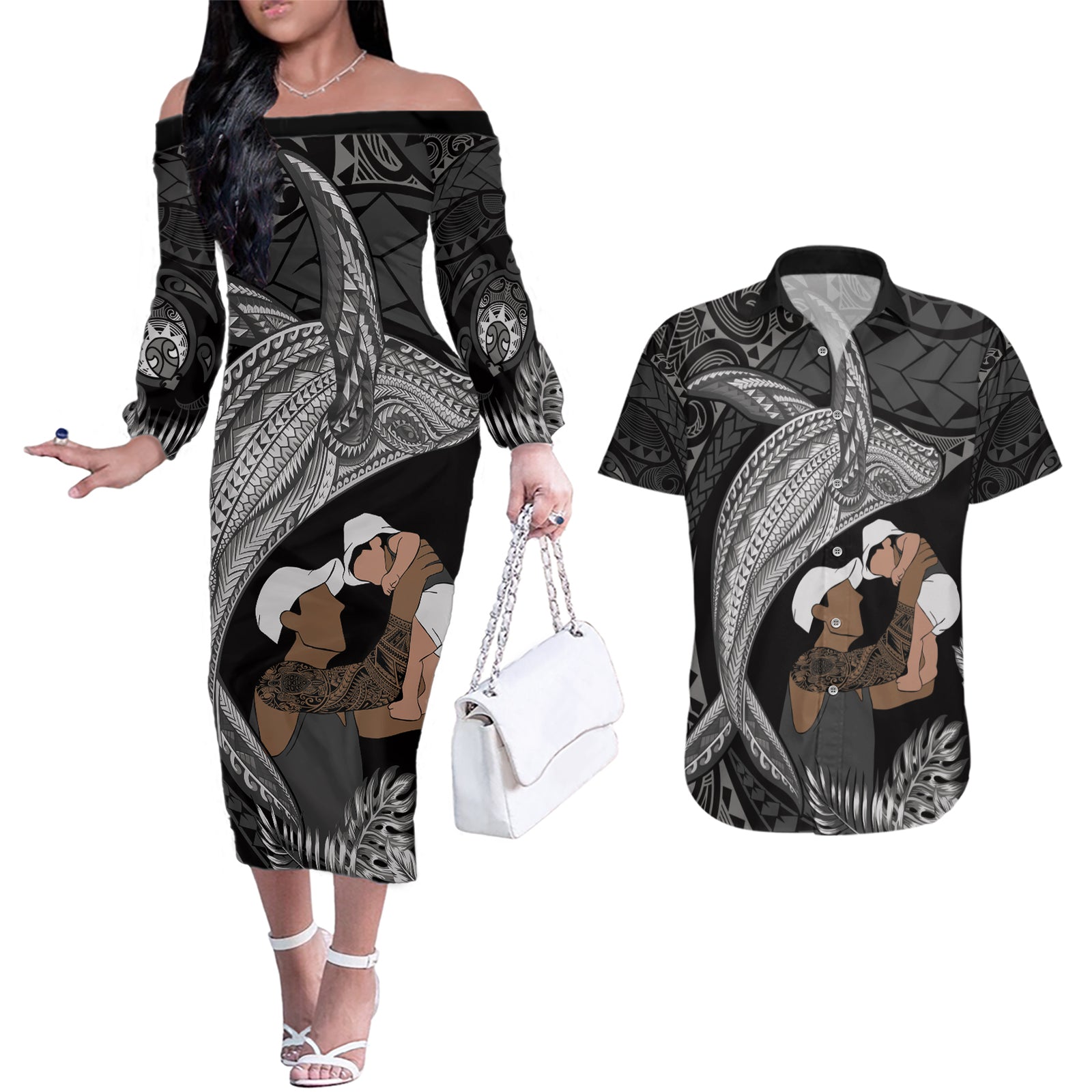 Father's Day Polynesian Pattern Couples Matching Off The Shoulder Long Sleeve Dress and Hawaiian Shirt Tropical Humpback Whale - Black LT7 Black - Polynesian Pride