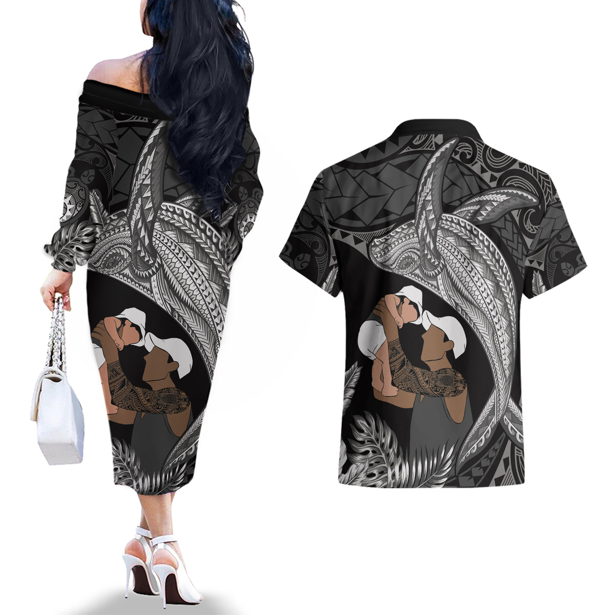 Father's Day Polynesian Pattern Couples Matching Off The Shoulder Long Sleeve Dress and Hawaiian Shirt Tropical Humpback Whale - Black LT7 - Polynesian Pride