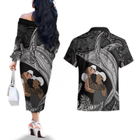 Father's Day Polynesian Pattern Couples Matching Off The Shoulder Long Sleeve Dress and Hawaiian Shirt Tropical Humpback Whale - Black LT7 - Polynesian Pride