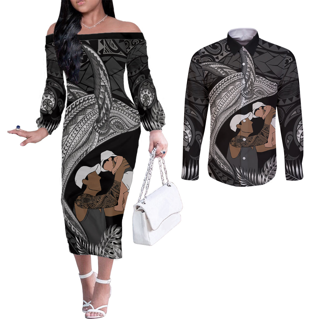 Father's Day Polynesian Pattern Couples Matching Off The Shoulder Long Sleeve Dress and Long Sleeve Button Shirt Tropical Humpback Whale - Black LT7 Black - Polynesian Pride