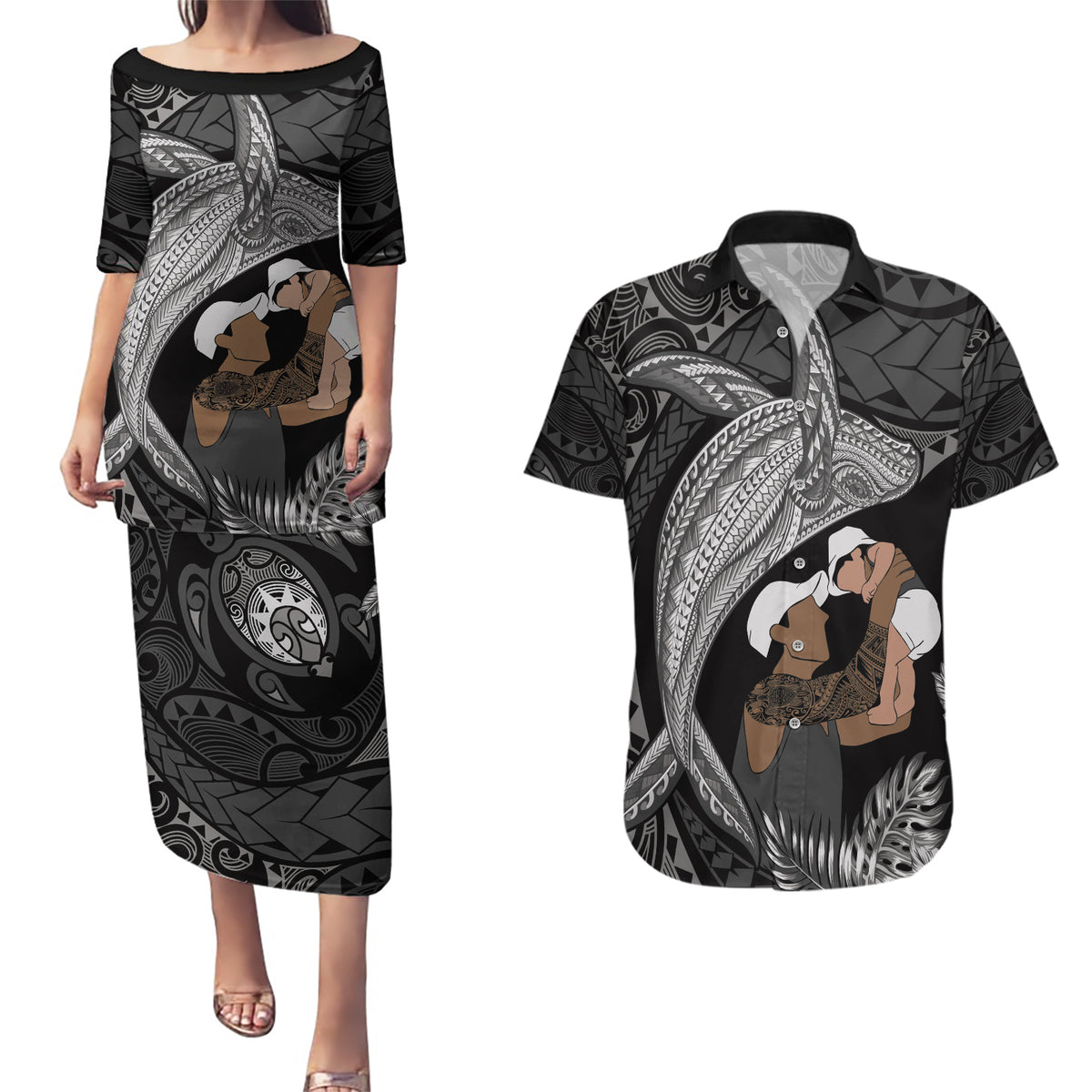 Father's Day Polynesian Pattern Couples Matching Puletasi and Hawaiian Shirt Tropical Humpback Whale - Black LT7 Black - Polynesian Pride