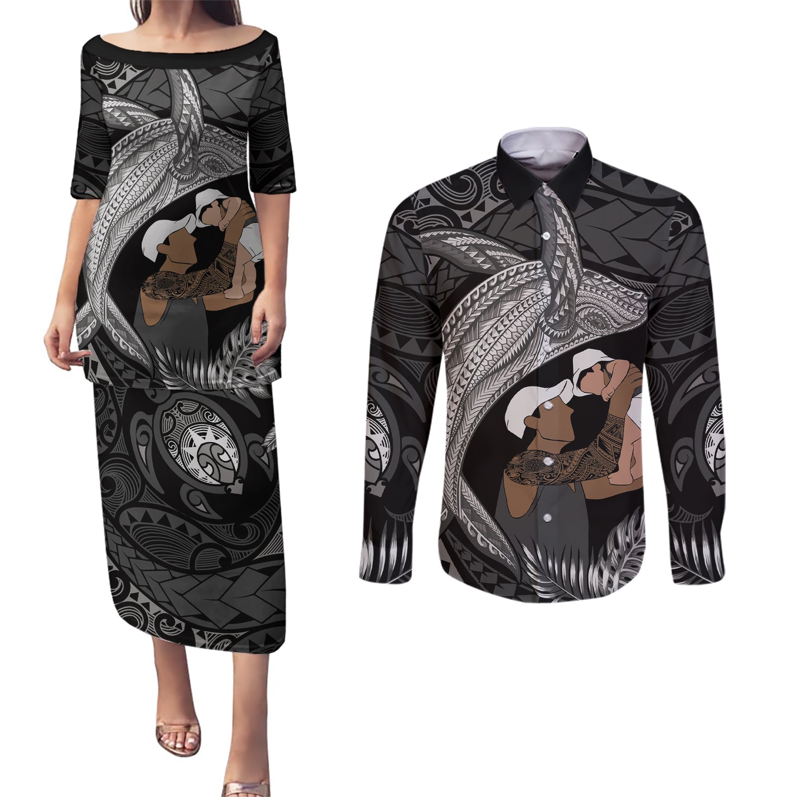 Father's Day Polynesian Pattern Couples Matching Puletasi and Long Sleeve Button Shirt Tropical Humpback Whale - Black LT7 Black - Polynesian Pride