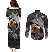 Father's Day Polynesian Pattern Couples Matching Puletasi and Long Sleeve Button Shirt Tropical Humpback Whale - Black LT7 - Polynesian Pride
