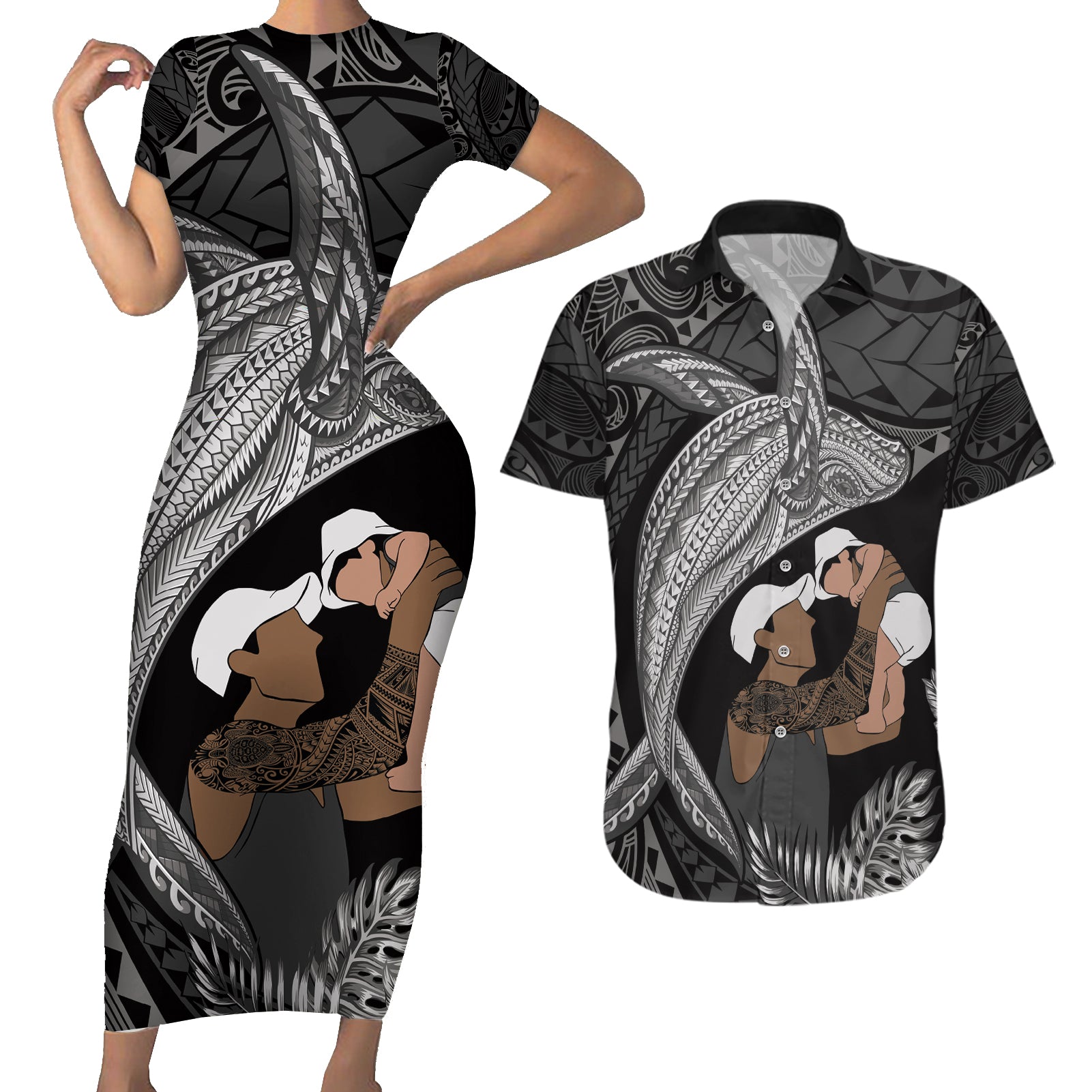 Father's Day Polynesian Pattern Couples Matching Short Sleeve Bodycon Dress and Hawaiian Shirt Tropical Humpback Whale - Black