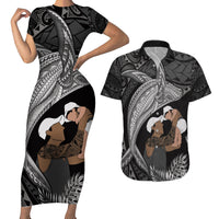 Father's Day Polynesian Pattern Couples Matching Short Sleeve Bodycon Dress and Hawaiian Shirt Tropical Humpback Whale - Black LT7 Black - Polynesian Pride