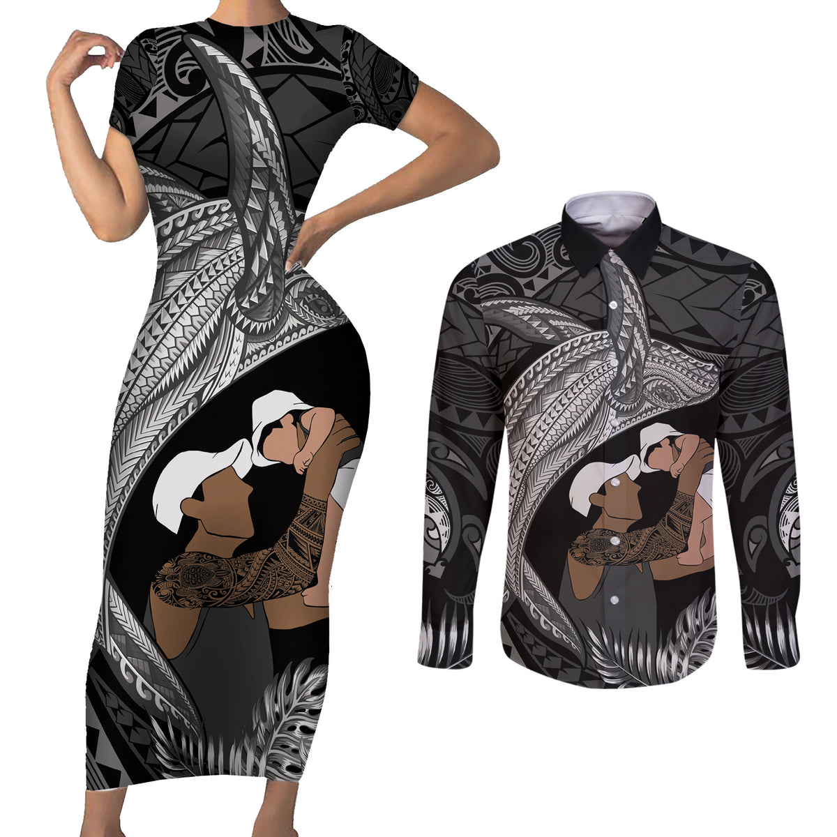 Father's Day Polynesian Pattern Couples Matching Short Sleeve Bodycon Dress and Long Sleeve Button Shirt Tropical Humpback Whale - Black LT7 Black - Polynesian Pride