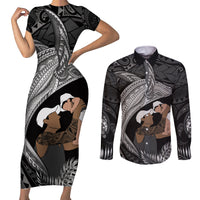 Father's Day Polynesian Pattern Couples Matching Short Sleeve Bodycon Dress and Long Sleeve Button Shirt Tropical Humpback Whale - Black LT7 Black - Polynesian Pride