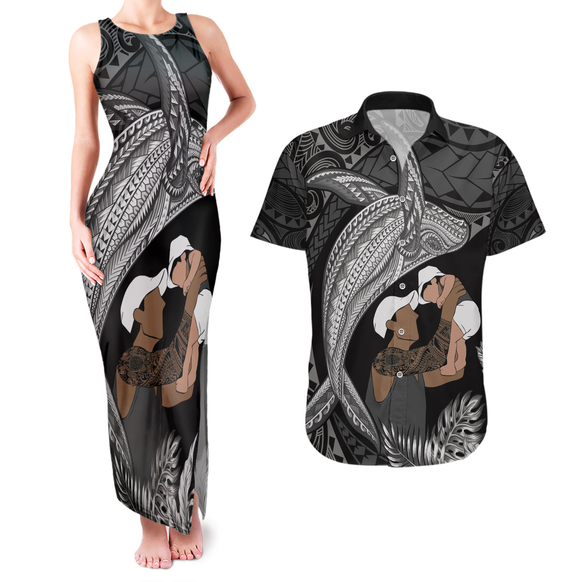 Father's Day Polynesian Pattern Couples Matching Tank Maxi Dress and Hawaiian Shirt Tropical Humpback Whale - Black LT7 Black - Polynesian Pride