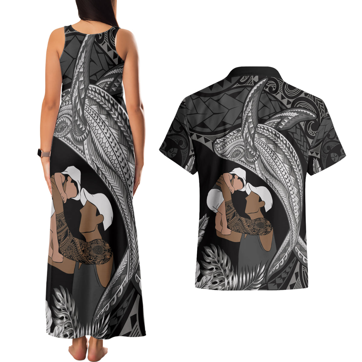 Father's Day Polynesian Pattern Couples Matching Tank Maxi Dress and Hawaiian Shirt Tropical Humpback Whale - Black LT7 - Polynesian Pride