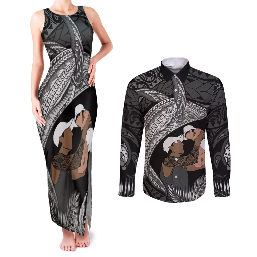 Father's Day Polynesian Pattern Couples Matching Tank Maxi Dress and Long Sleeve Button Shirt Tropical Humpback Whale - Black LT7 Black - Polynesian Pride