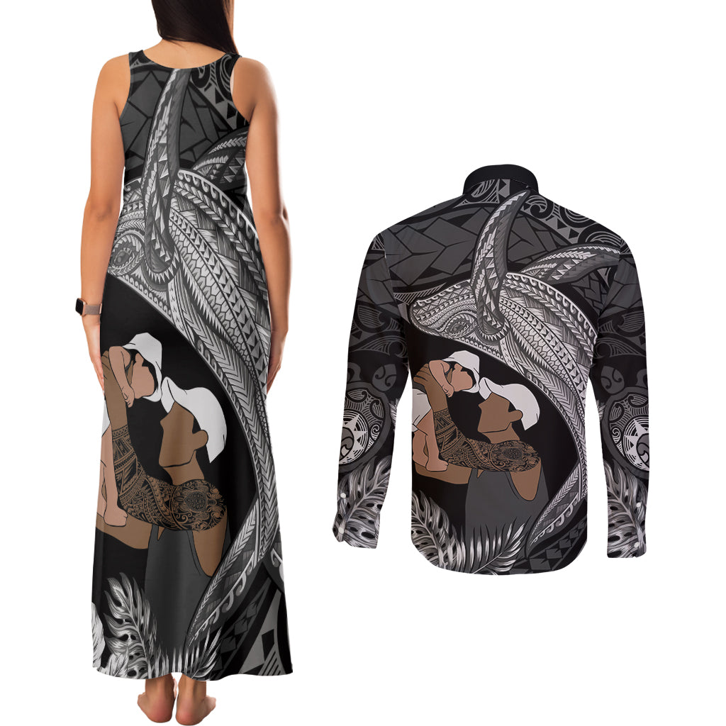 Father's Day Polynesian Pattern Couples Matching Tank Maxi Dress and Long Sleeve Button Shirt Tropical Humpback Whale - Black LT7 - Polynesian Pride