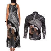 Father's Day Polynesian Pattern Couples Matching Tank Maxi Dress and Long Sleeve Button Shirt Tropical Humpback Whale - Black LT7 - Polynesian Pride