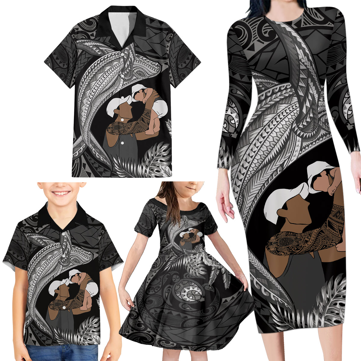 Father's Day Polynesian Pattern Family Matching Long Sleeve Bodycon Dress and Hawaiian Shirt Tropical Humpback Whale - Black LT7 - Polynesian Pride