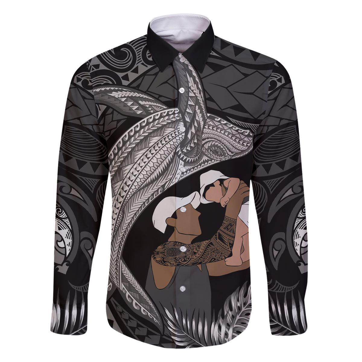 Father's Day Polynesian Pattern Family Matching Mermaid Dress and Hawaiian Shirt Tropical Humpback Whale - Black LT7 Dad's Shirt - Long Sleeve Black - Polynesian Pride