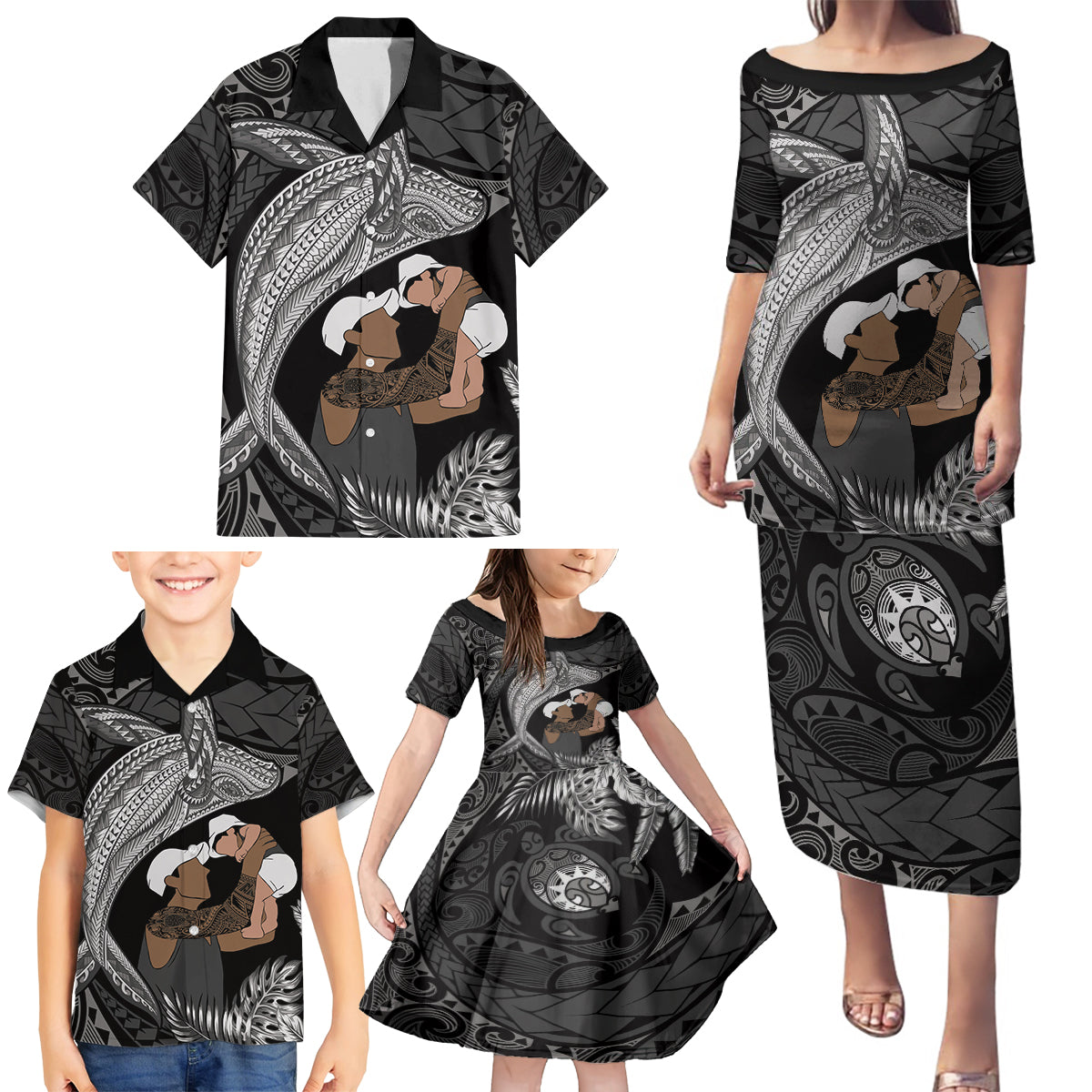 Father's Day Polynesian Pattern Family Matching Puletasi and Hawaiian Shirt Tropical Humpback Whale - Black LT7 - Polynesian Pride