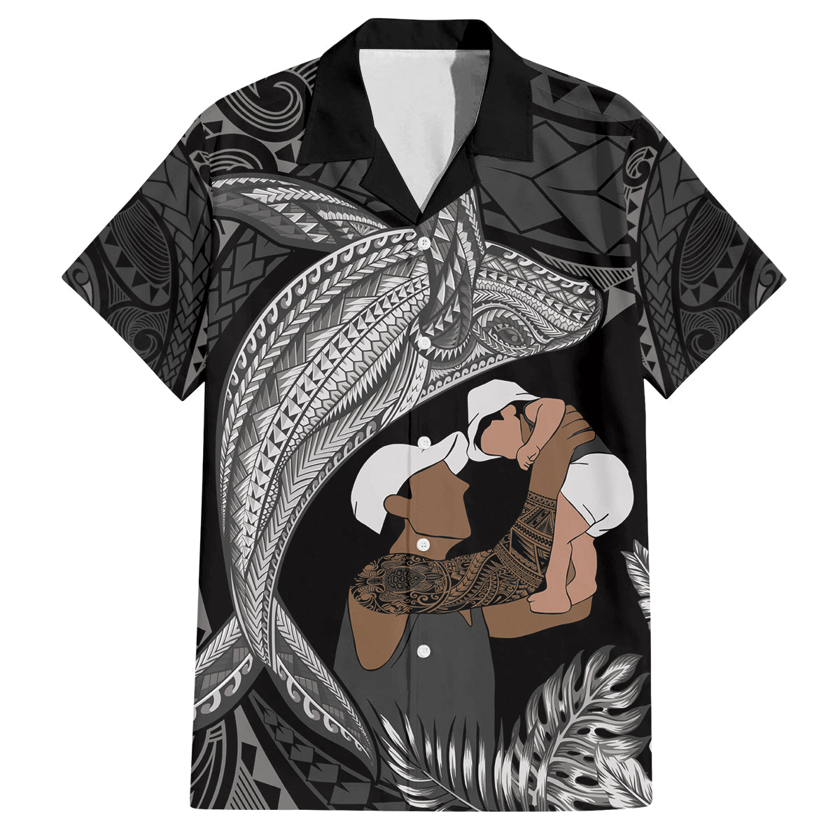 Father's Day Polynesian Pattern Family Matching Puletasi and Hawaiian Shirt Tropical Humpback Whale - Black LT7 Dad's Shirt - Short Sleeve Black - Polynesian Pride