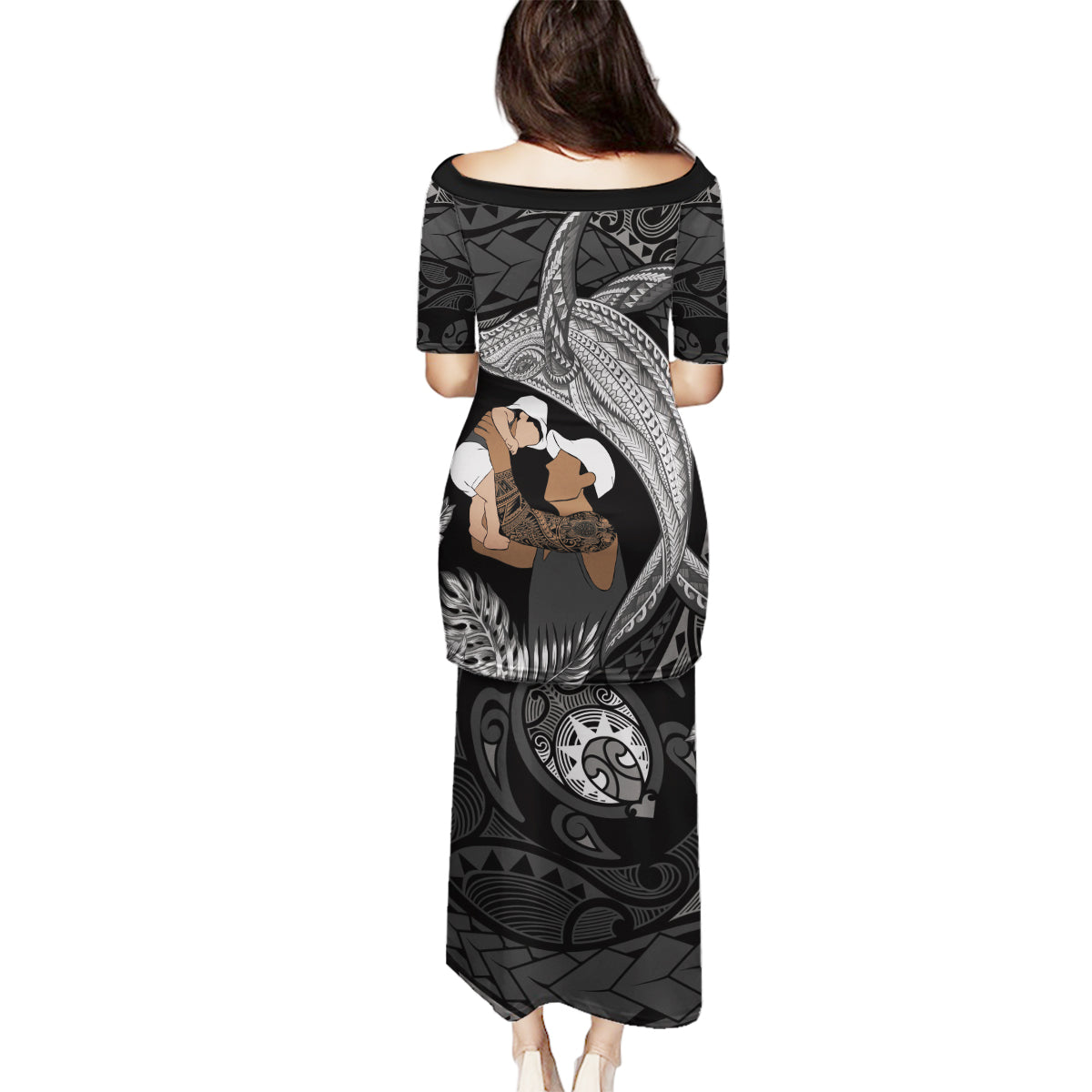 Father's Day Polynesian Pattern Family Matching Puletasi and Hawaiian Shirt Tropical Humpback Whale - Black LT7 - Polynesian Pride