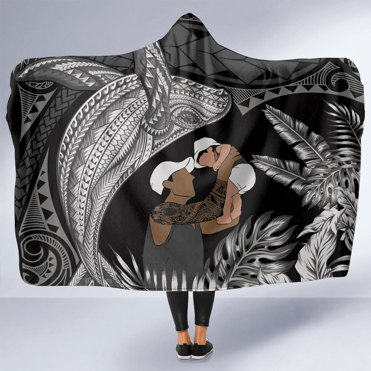 Father's Day Polynesian Pattern Hooded Blanket Tropical Humpback Whale - Black LT7 - Polynesian Pride